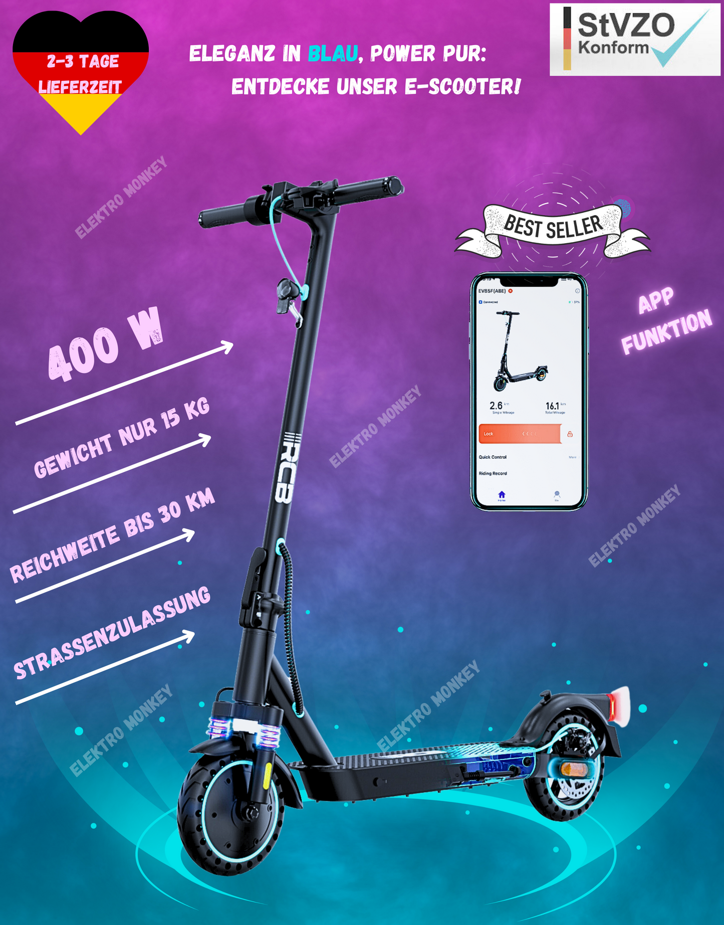 E-Scooter RCB EV85F 8,5" 400W mit ABE